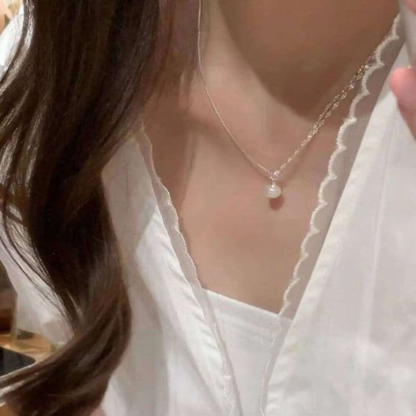 Silver Double Layered Pearl With Sparkling Temperament Asymmetrical Chain Necklace Fashionable Jewelry
