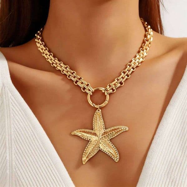 Gold Chunky Cuban Link Choker Necklace Starfish Pendant Statement Boho Beach Adjustable Summer Jewelry Gift