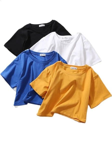 Summer Short Sleeve T Shirts Women Solid Tshirt O Neck High Waist Crop Top Tee Female Casual Loose Shirt 260608