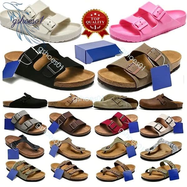 Designer Clog Slippers Women Men Flat Heels Beach Slides Real Leather Double Buckle Cork Sandals Outdoor Casual Shoes Brown Grey Coffee Size 35 46