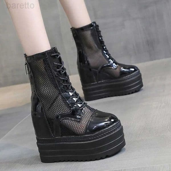 Genuine Boots Women Leather Summer 2025 New Mesh Women Cool Boots 12cm Height Platform Womens Ankle BootsR260608