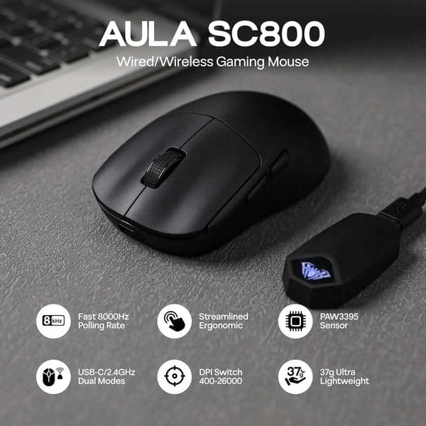 AULA SC800 Gaming Mouse Adjustable 26000DPI PAW3395 Sensor 8000 Polling Rate Dual-mode Wireless Mouse for Gaming E-sports Office Z260608