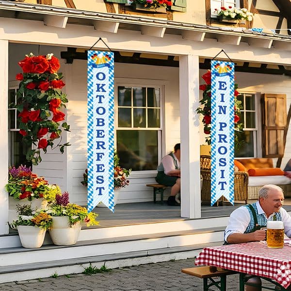 Oktoberfest Porch Banner, 100D Polyester/300D Oxford Fabric Option, Digital Print Bavarian Hanging Decor 30x180cm