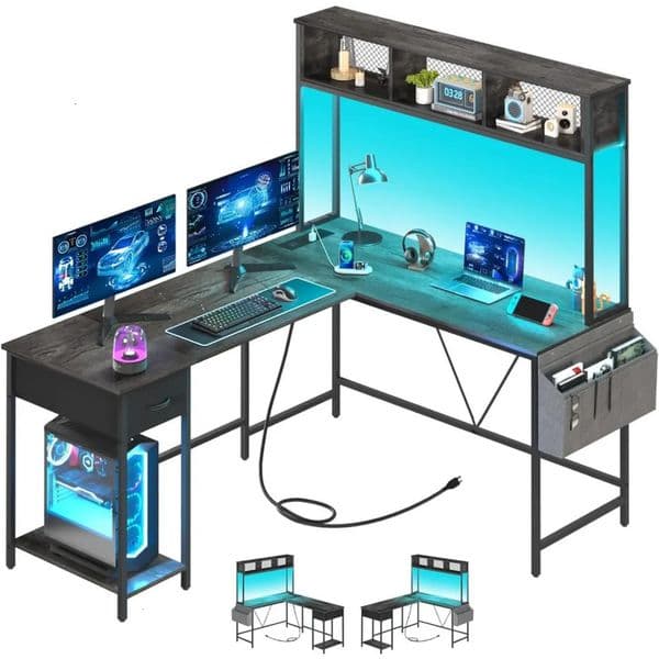 2026 L Shaped Gaming LED Strip Power Outlet, Reversible perfume L-Shaped Computer Desk With Storage Shelf cologne & Drawer Free Shipping 11