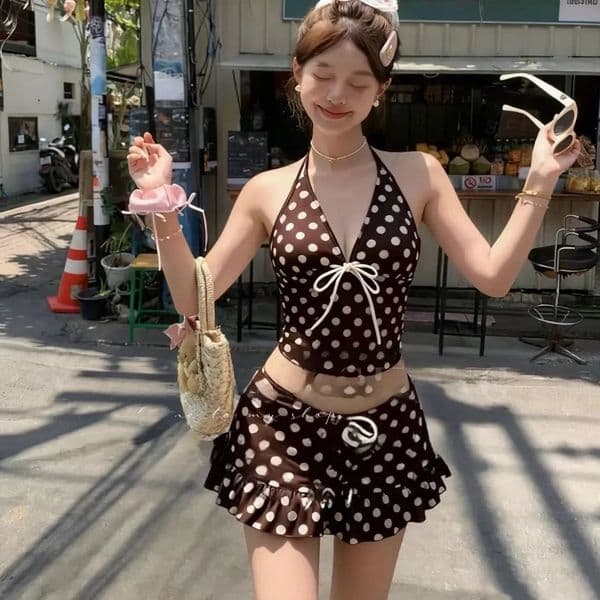 Womens Bikini Swimsuit Halter Neck Polka Dot Two-Piece Skirt Style Three-Piece Set Gathered Slimming Beach Vacation Thermal 260604