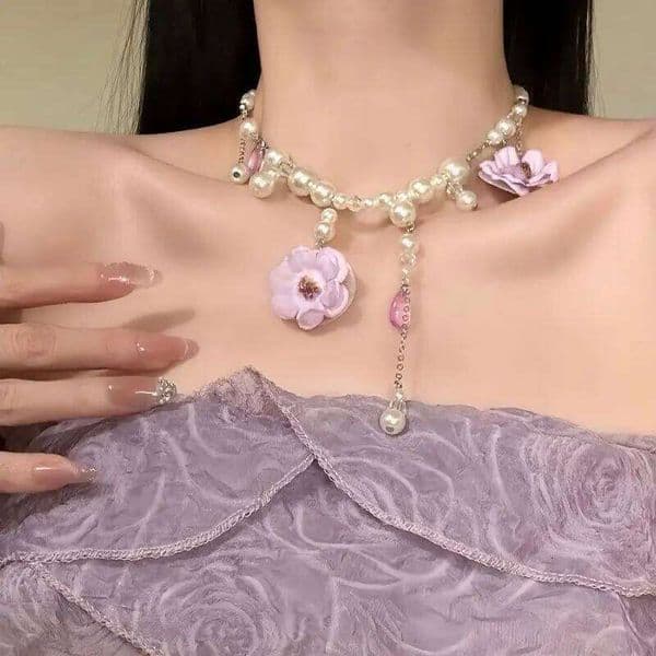 Romantic Niche Pink Sweet Flower Versatile Temperament Necklace Women's Pearl Fringe Collarbone Chain