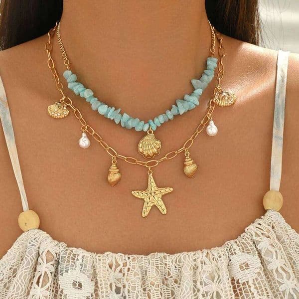 2Pcs Layered Starfish Seashell Choker Necklace Boho Blue Chip Stone Adjustable Summer Beach Jewelry for Women