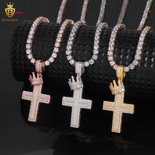 Cross Pendant Moissanite Charms 925 Silver Iced Out Baguette Cut Moissanite GRA Moissanite Pendant Men Fine Pendant Necklaces