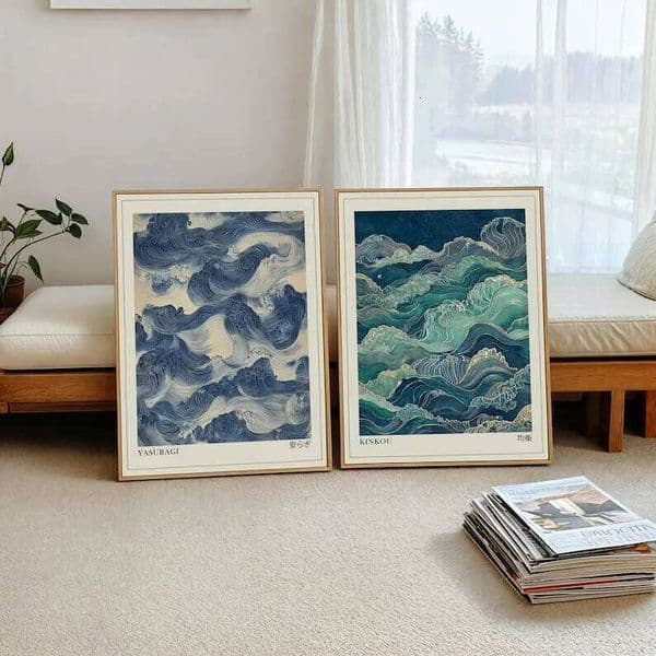2pcs Japandi Sage Green Blue Waves Wall Art Posters, Unframed Wabi Sabi Canvas Prints for Living Room and Bedroom Decortions W260608