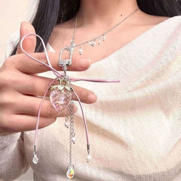 Y2k Pink Strawberry Bow Pendant for Women Sweet Long Sweater Necklace