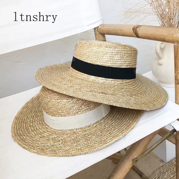 Women Natural Wheat Straw Hat Ribbon Tie 9cm Brim Boater Derby Beach Sun Cap Lady Summer Wide Protect Hats 260608