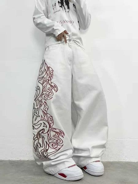 Red Unisex White Tribal Flame Print Loose Wide Leg Jeans Grunge Streetwear Oversized Denim S260608