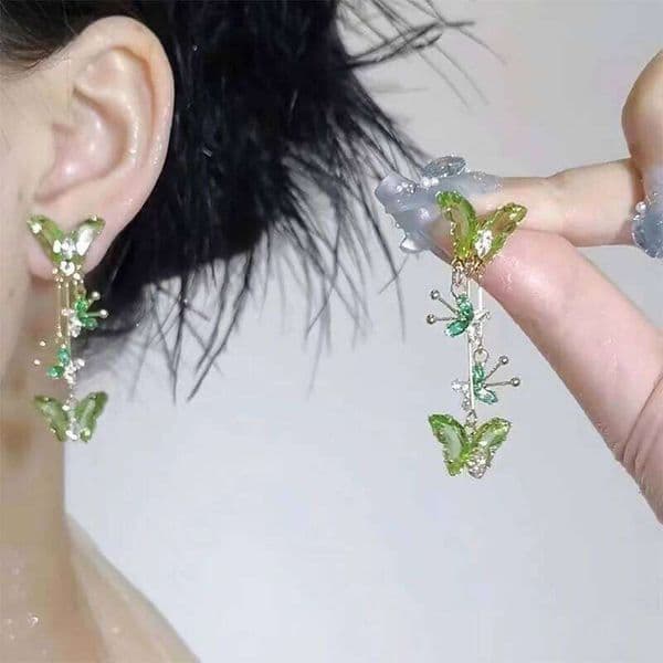 New Trendy Green Zircon Butterfly for Women Light Luxury Sweet Long Tassel Earrings Aesthetics Wedding Party Jewelry