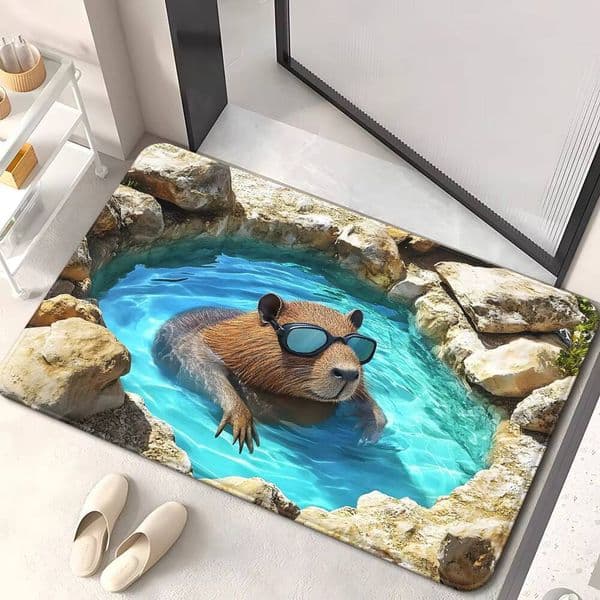 1-Piece Capybara Phantom Pond Doormat 700Gsm Non-Slip Bathroom Mat Microfiber Absorbent Machine Washable Polyester Carpet