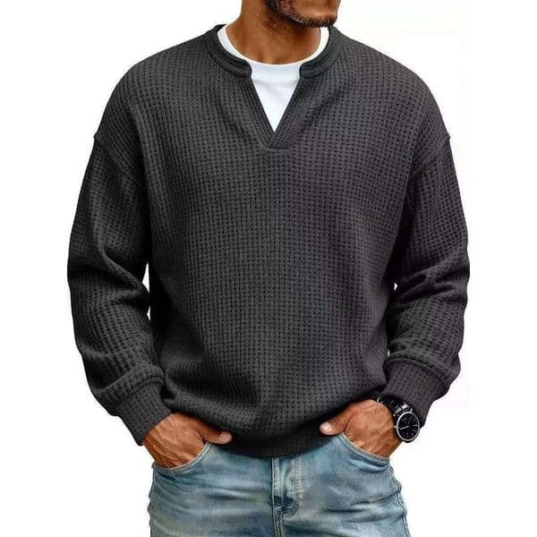 2026Men's Casual Henley Shirt Waffle Knit Long Sleeve Tee With Contrast Collar 11B