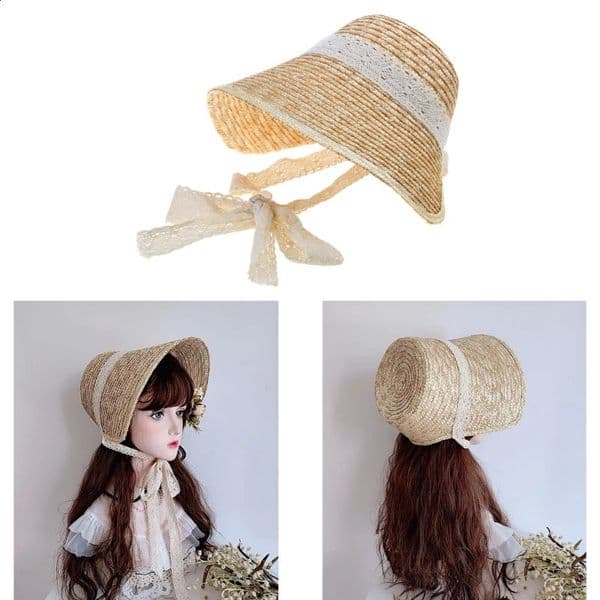 LolitaStyle Straw Hat for Women Girls French Tea Party Lace Patchwork Bonnet Handwoven Sun Summer Headgear 260608