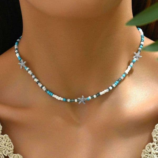 Trendy Bohemian Starfish Beaded Choker Necklace Adjustable Minimalist Summer Beach Casual Fashion Pendant Jewelry for Women
