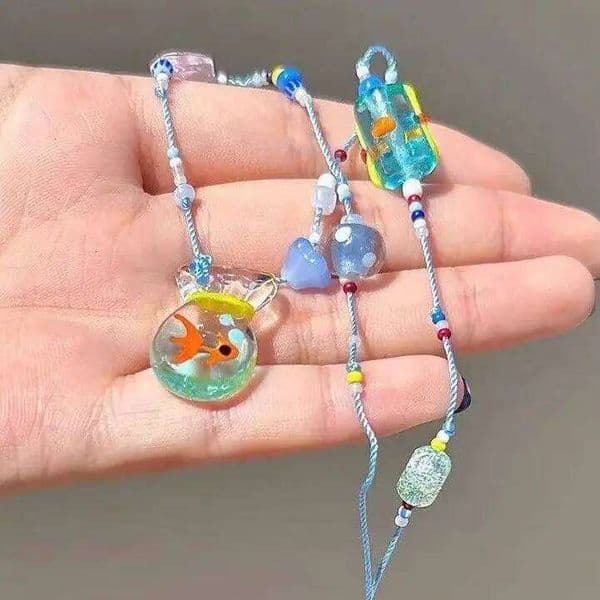 Women's Summer Y2K Long Rope Woven Colored Glass Fish Pendant Necklace Bohemian Style Jewelry