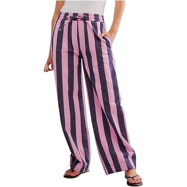 Women Casual Baggy Trousers Striped Color Blocking High Waist Wide Leg Pants Pockets Summer Lightweight Palazzo Pajama Bottom 260605