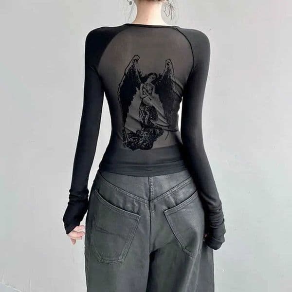 Trendy Hottie Streetwear Angel Print Mesh Long Sved T-shirt for Women Korean Slim Fit Sexy Crop Top Autumn Y2k T Shirt Women L260608