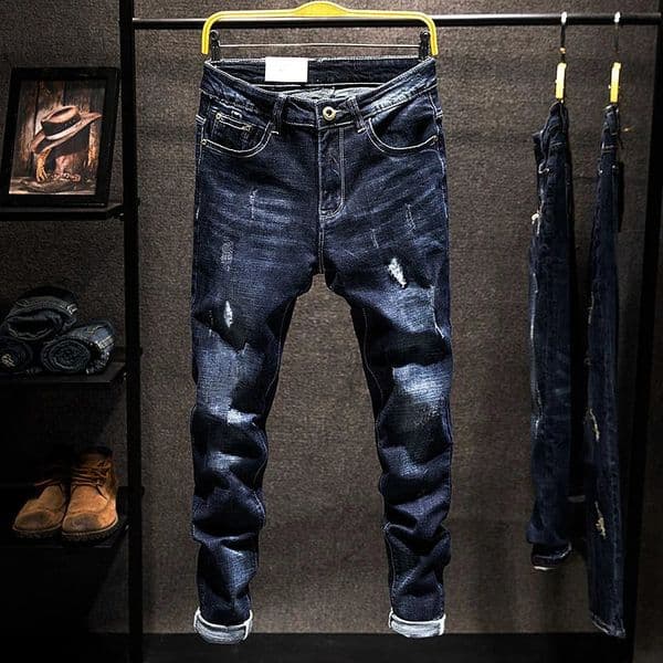 American Elastic Straight Jeans Men Ripped Worn-out Slim-fit Cotton Denim Pants Korean Style Fashion Blue Black Mens Clothing 260605