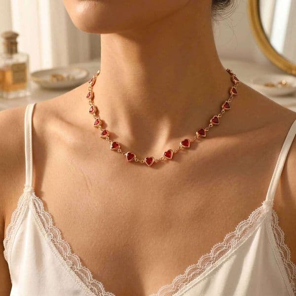 Minimalist Gold Tone Red Heart Choker Necklace Adjustable Dainty Jewelry for Women Daily Gift Wear