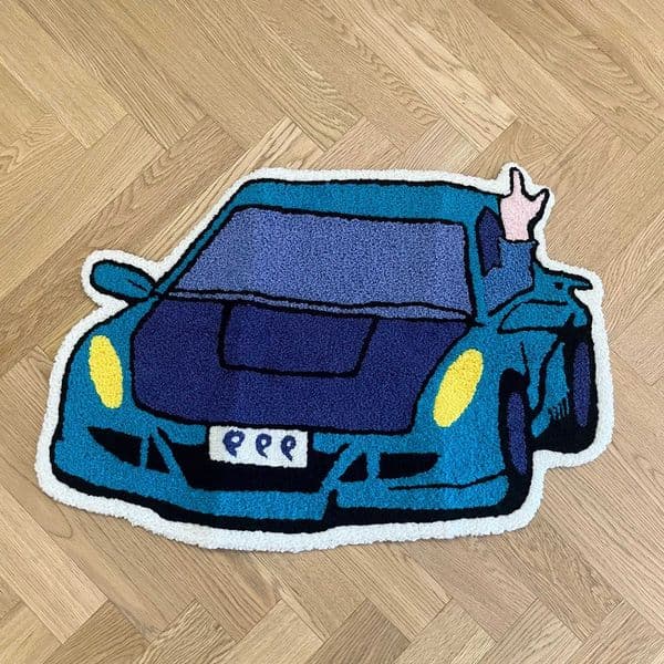 Blue Cartoon Sports Car Tufted Rug 999 License Plate Design Cool Racing Car Shaped Area Rug for Bedroom Living Room Dorm Decor D260608