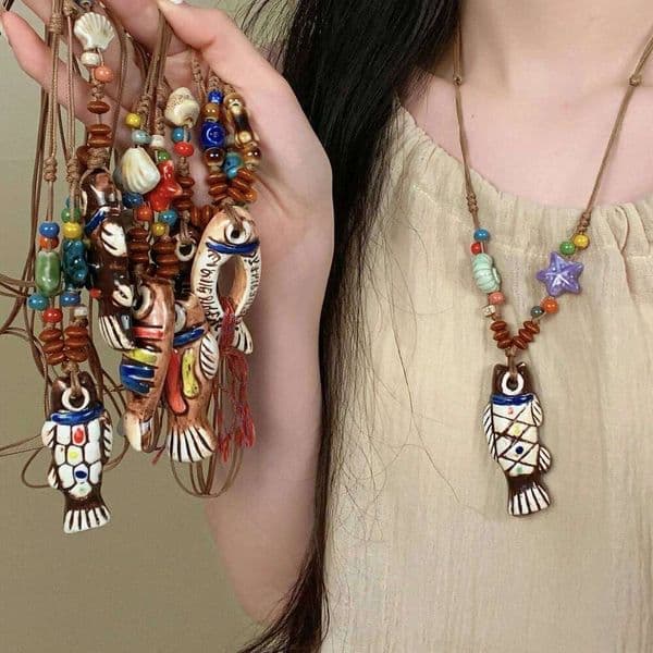 Ethnic Ceramic Fish Sweater Chain for men women Beads Necklace Boho Style Long Pendant Lucky Jewelry