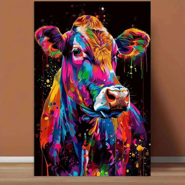 1pc Frameless Canvas Animal Poster, 12x18 Inch Colorful Cow Portrait for Bedrooms, Living Rooms, Hallways, Wall Art, Winter Deco W260608
