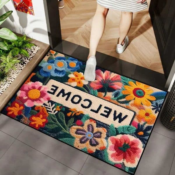 Flower 1pc Welcome Printed Doorway Floor Mat Spring Non-slip Starter Mat Machine Washable For Kitchen Bathroom Spring Decor D260608