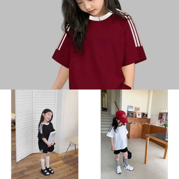 And Ddmyshoesvip Girls Pure Cotton Boys T Shirt Summer Sle Children S Short Sleeved Slish Sports Girl Casual Three Bar Solid Color Top Y260608
