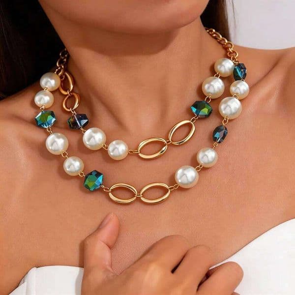 Layered Pearl Crystal Necklace Gold-Tone Link Chain Bohemian Sparkly Statement Jewelry For Women Party Trendy Gift