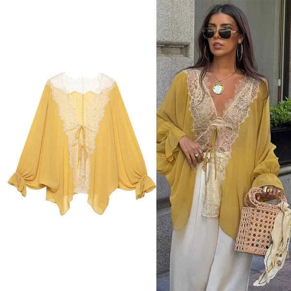 Womens Lace Shirt New 2026 Summer Fashion Women Long Sve Asymmetry Hem Lightweight Shirt Female Translucent Shirt Blouses L260608