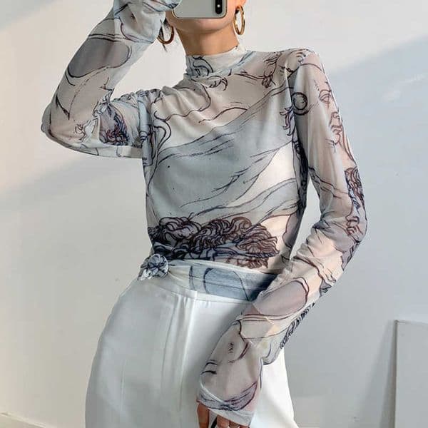 2025 Turtleneck Clothing Lace Slim Woman T-shirt Graphic Top for Women Mesh Tshirt Long Sve Wholesale Tee L260608