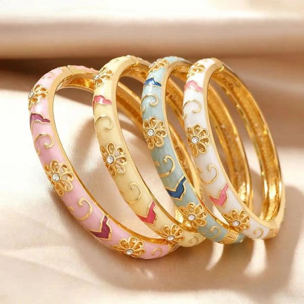 1pc Ethnic Style Gold Color Multicolor Enamel Flower Zircon Bangle for girl Charm Bride Cuff Bracelet Bohemia Jewelry Gif 260608