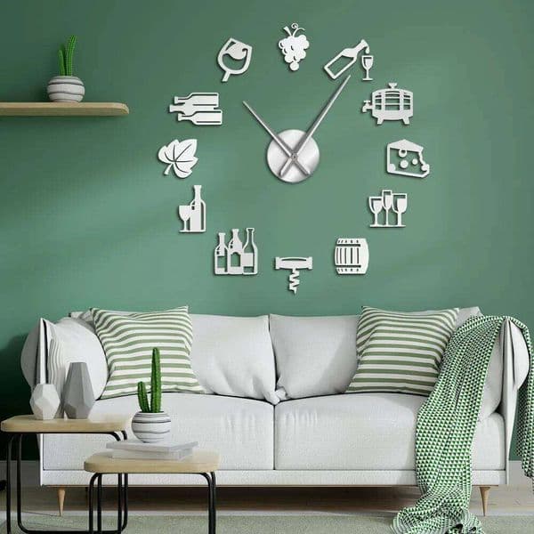 Cheese and Wine Modern Kitchen Art Stickers DIY Giant Clock Alcoholic Drink Pub Bar Sign Cork Screw Decorative Wall Watch 26Y0608