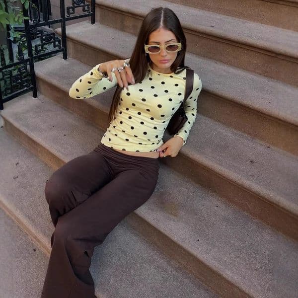 Absobe Fall Winter Women Polka Dot Print Long Sleeve T-Shirt Slim Fit O-Neck Casual Tee Y2K Fashion Base Top Streetwear 260608