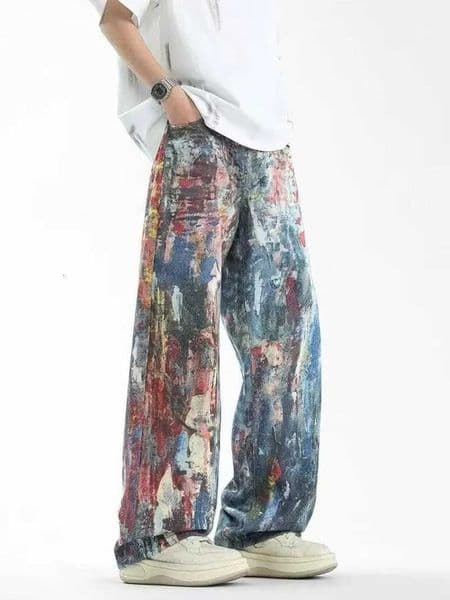 painting retro oil men loose jeans American washed high-waisted jeans casual high street S260608