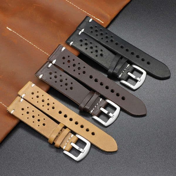 Sports Breathable Quick Release Leather Watch Black Brown Multi-Hole Genuine Cowhide Strap 18 20 22 24mm