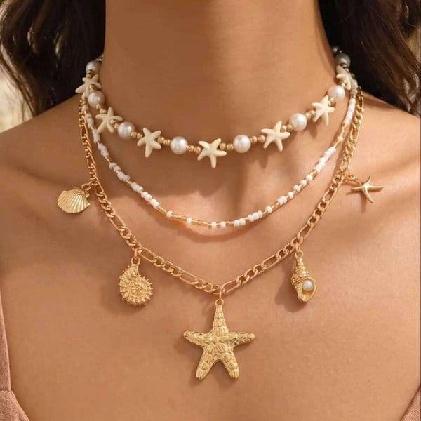 Boho Layered Necklace for Women Starfish Shell Pendant Faux Pearl Summer Beach Vacation Festival Daily Wear Jewelry