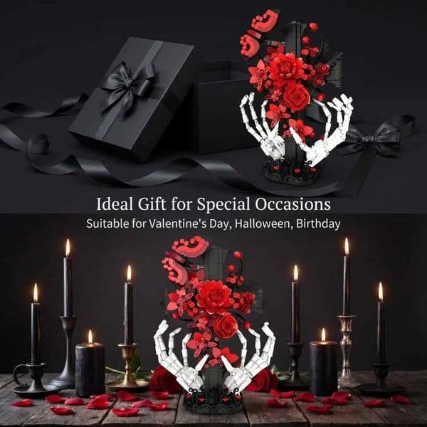 Skeleton Hands Gothic Rose Building Blocks Red Flower Cross Base Bricks Model Dark Aesthetic Home Decor Perfect Gift for Goth Z260609