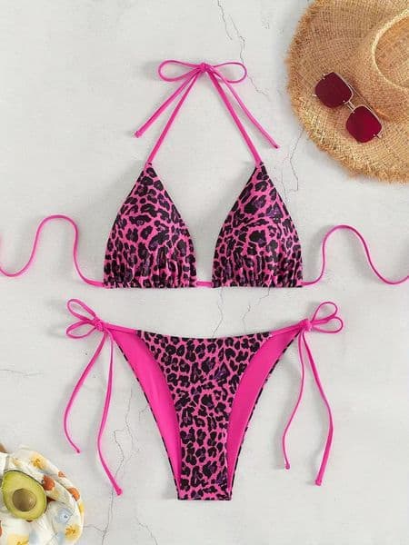 Designer Sexy Leopard Print Halter Bikini Set Women Adjustable Tie Side Triangle Swimwear Beach Bathing Suit
