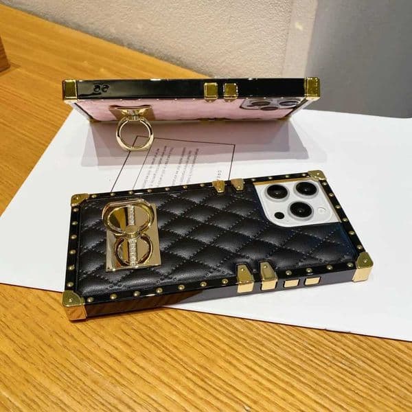 Gold Fashion Rhbic Plating Leather Phone Case For iPhone 17 16 15 Pro Max 14 Plus 13 12 11 Ring Holder Protective Back Cover J260609