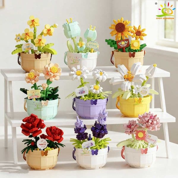 MOC HUIQIBAO Flower Micro Building Block DIY Rose Sunflower Pot Bouquet Mini Diamond Model Brick Toy for Children Desk Decor H260609OGNM