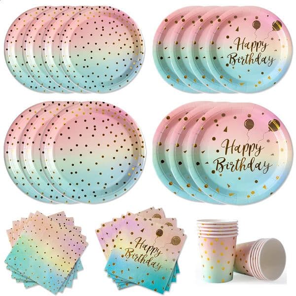 Pastel Rainbow Party Birthday Disposable Tableware Gold Dot Rainbow Gradient Paper Plate Cup Napkin Birthday Wedding Supplies 260608