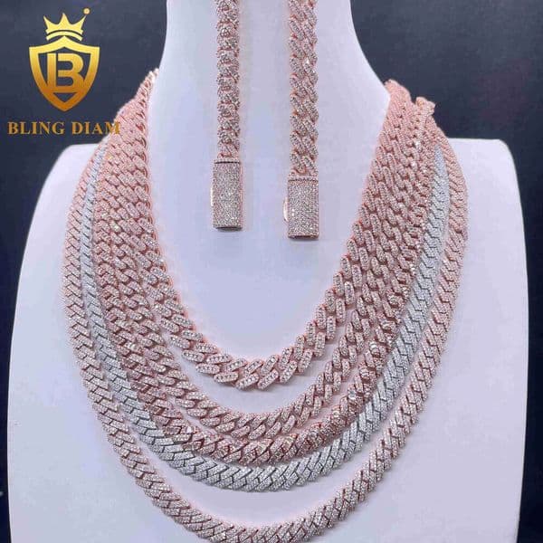 8 10mm Iced Out Miami Cuban Link Chains Rose Gold Pass Diamond Tester Hip Hop Rapper 925 Sterling Silver Vvs Real Moissanite