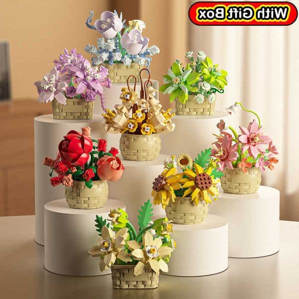 MOC DIY Potted Rose Sunflower Plants Succulents Bonsai Tree Gardens Romantic Building Blocks Model Bricks Kid Sets Kits Toy Girl H260609GWER