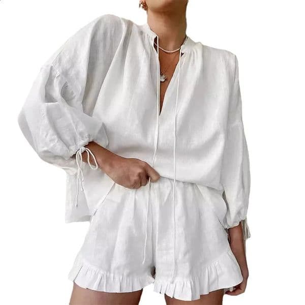 Summer Womens Suit 2-piece Sets For Women Long Puff Sleeves Blouse Loose V-neck Lace Up Summer Outfits Ruffle Shorts Sets 260511