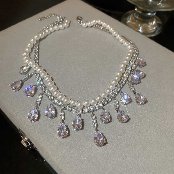 Choker FYUAN Luxury Necklaces Pearl for Women Tassel Water Drop Zircon Crystal Necklaces Wedding Banquet JewelryR260609