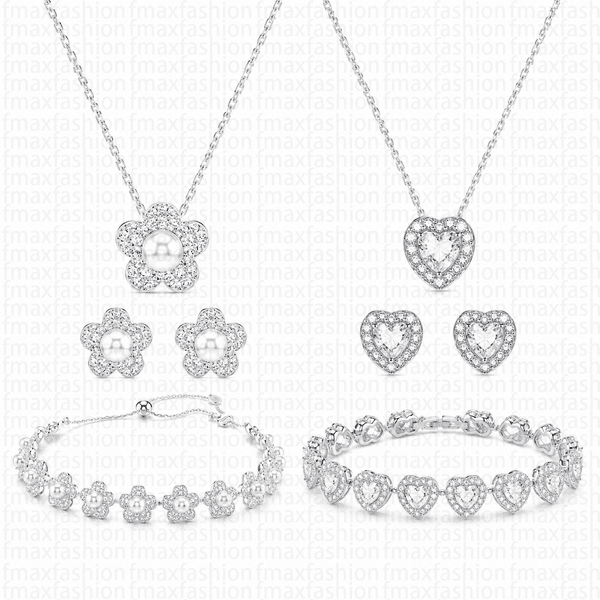 Luxury Heart Tennis Necklace Romantic Flower Pearl Stud Earrings Shiny Crystal Clover Bracelet For Women Wedding Party Jewelry Set Single Option